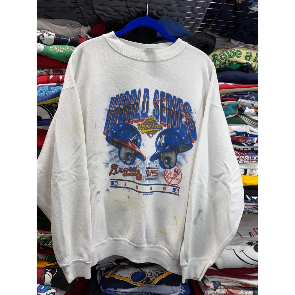 Distressed Vintage 1996 World Series Sweatshirt Logo 7 Braves Yankees White XL